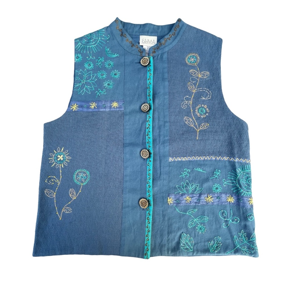 Vintage Cedar Canyon Floral Bead Embroidered Blue Vest Jacket